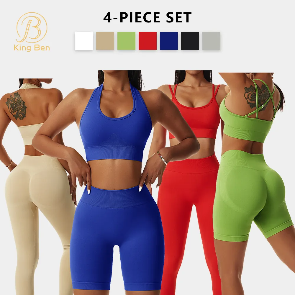 gym fitness set women hanging neck sports bra yoga pants scrunch butt shorts 4 pcs Yogawear women workout sets