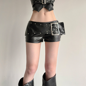 Shorts Cortos de Mujer Estilo Punk, de Piel Sintética, de Tiro Bajo, con Hebilla Rectangular, Detalle de Ojales, Ajustados, Ropa Urbana - Product Image 5