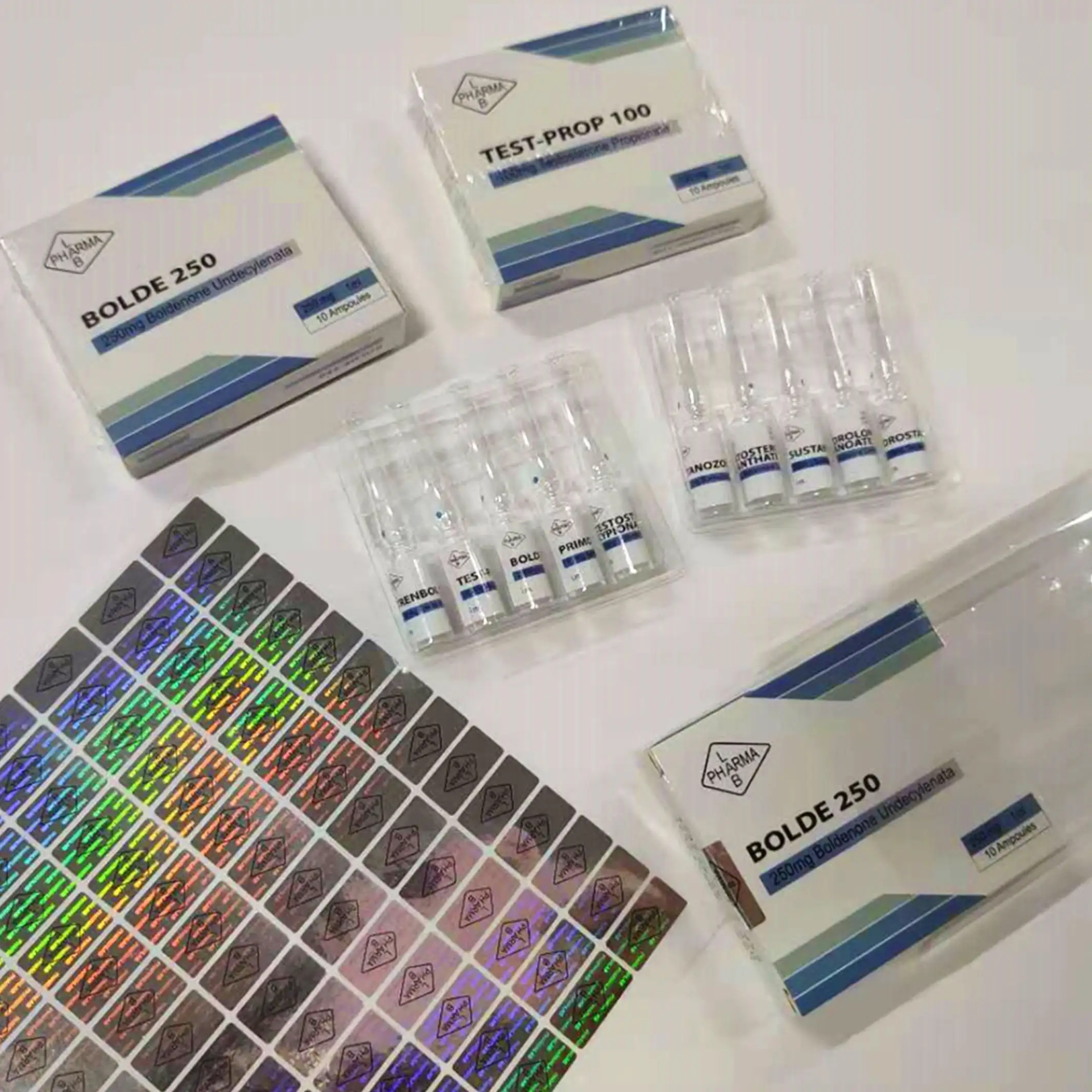 Pharma Lab-juego de etiquetas de embalaje con impresión personalizada, ampolla de 1ml, 5 botellas de vidrio, bandeja de plástico, caja de Vial
