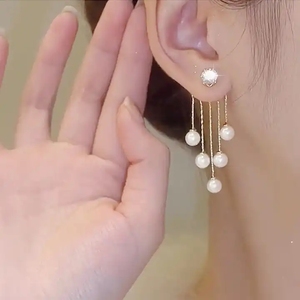 Boucles <span class=keywords><strong>d</strong></span>'Oreilles Pendante Perle Plaqué Or pour <span class=keywords><strong>Femme</strong></span>, Bijoux de Fête Éclatants, Clous <span class=keywords><strong>Strass</strong></span> Cristal, Longs Glandes, Style INS - Product Image 2