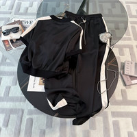 Ensemble décontracté respirant et léger en deux pièces, haut à col rond à manches courtes, pantalon ample à longueur intégrale avec poches latérales pour adultes