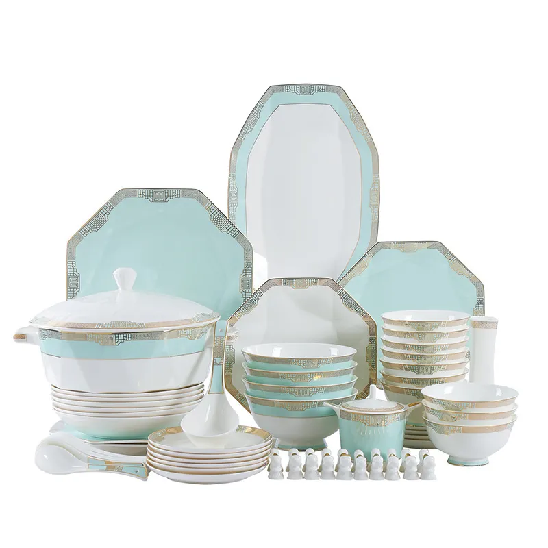 Хит продаж, элегантная керамическая посуда для дома, восьмиугольная форма, изысканные китайские наборы посуды, сине-белый обеденный набор