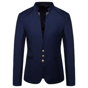 Col montant Blazer <span class=keywords><strong>manteau</strong></span> hommes robe de soirée de mariage veste mode Slim Fit simple boutonnage Jaqueta bleu marine vin rouge - Product Image 2