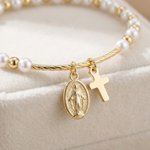 Bracciale Go2Boho in ottone placcato oro 18 carati con perle finte <span class=keywords><strong>e</strong></span> ciondolo a croce <span class=keywords><strong>e</strong></span> ovale, 17,5 cm - Product Image 3