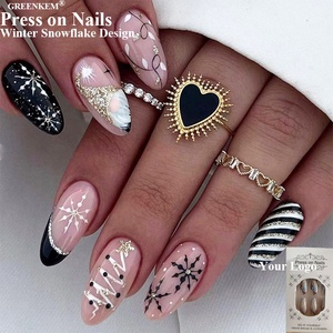 Faux ongles d'hiver en forme de flocon de neige avec paillettes roses dorées, <span class=keywords><strong>manucure</strong></span> française, prêt à porter, pointes amandes, 24 pièces - Product Image 1