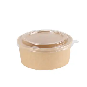 Ready Bulk Biodegradable Round Kraft Paper Food Container Take Away Disposable Salad Bowls With PP Pet Lid
