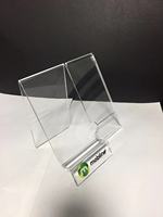 Maß gefertigter Handy-Displayst änder aus klarem Acryl mit Etiketten rahmen und individuell bedrucktem Logo