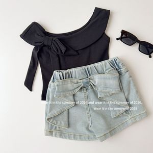 Pantaloncini per Bambine 2026 con Grande Fiocco in Denim <span class=keywords><strong>Blu</strong></span> Lavato - Product Image 6