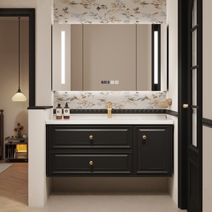 French retro ceramic integrated basin intelligent lighting <b>mirror</b> solid wood American style light luxury bathroom cabinet - Product Image 2