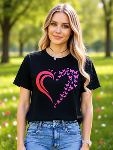 T-Shirt da Donna alla Moda con Collo Tondo, Motivo Cuore e Farfalla, Casual per San Valentino, Manica Corta, 100% Cotone, Primaverile - Product Image 2