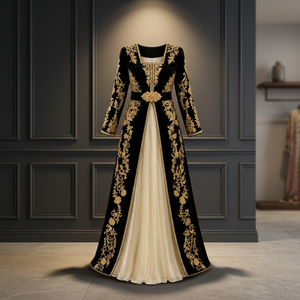 Elegante Vestido Formal Vintage de Terciopelo Negro, Tejido, de Color Sólido, Largo hasta el Suelo, sin Cuello, de Manga Larga, Estilo Chinoiserie - Product Image 3