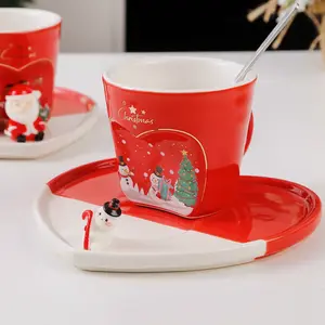 如此可爱卡通陶瓷促销圣诞礼品马克杯茶托套装批发家庭圣诞杯