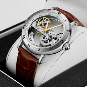 Forsining GMT1003 2023 Nuovo Orologio Meccanico da Uomo con Design Trasparente, Automatico, Quadrante Argento, Ingranaggi Dorati, Scheletrato, Cinturini in Pelle - Product Image 1