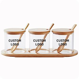 Food Storage <b>Box</b> Glass Spice Jar Kitchen Seasoning Jar Set 3pcs Glass Spice Seasoning Jar Spoon Base Set <b>With</b> Bamboo <b>Lids</b> - Product Image 1