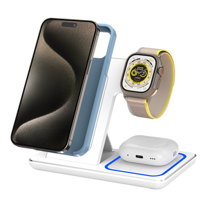 Nhà <span class=keywords><strong>m</strong></span>áy OEM ODM xách tay có thể gập lại 3 trong 1 15W <span class=keywords><strong>M</strong></span>áy tính để bàn <span class=keywords><strong>s</strong></span>ạc không dây đứng với hấp phụ từ tính cho điện thoại Xem tai nghe - Product Image 1