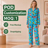 Ensemble pyjama personnalisé de Noël bleu avec col cranté et mitaines, en polyester, pour femme, POD, MOQ 1 pièce, Dropshipping