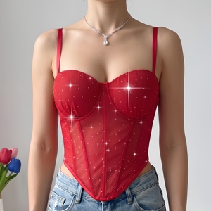 Corsé retro de malla transparente con ballenas y lentejuelas para mujer, faja reductora roja brillante sin costuras. - Product Image 1