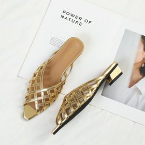 Mules et sandales décontractées pour femmes, à bout carré, à talon carré bas, ajourées et tissées, noires, dorées, marron, pour un usage quotidien, style chic - Product Image 6
