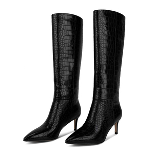 WETKISS Talons hauts pour femmes Bottes <span class=keywords><strong>croco</strong></span> noires sans lacet Bottes à mollets larges Chaussures pour femmes Bottes hautes au genou pour la fête Vente en gros - Product Image 4