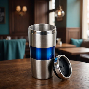 Stainless Steel Tumbler With Blue Band <b>Double</b> <b>Wall</b> Vacuum Insulated Travel <b>Mug</b> With Lid - Product Image 3