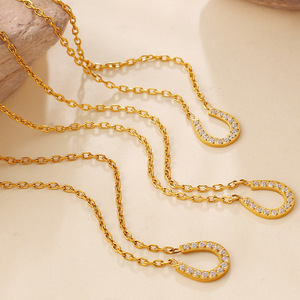 18K Gold Plated Micro Pave Zircon Horseshoe <b>U</b> Pendant Stainless Steel Dainty Clavicle Necklace For Women - Product Image 1