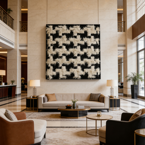 Arte Mural de Lujo Hecho a Mano con Diseño de Pata de Gallo, Decoración de Fibra en Blanco y Negro de Alta Gama para Hoteles de Lujo y Galerías de Arte - Product Image 1