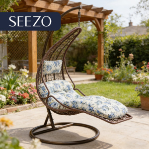 Chaise suspendue d'extérieur moderne avec structure en rotin PE et en fer, coussin imperméable pour patio et jardin - Product Image 2