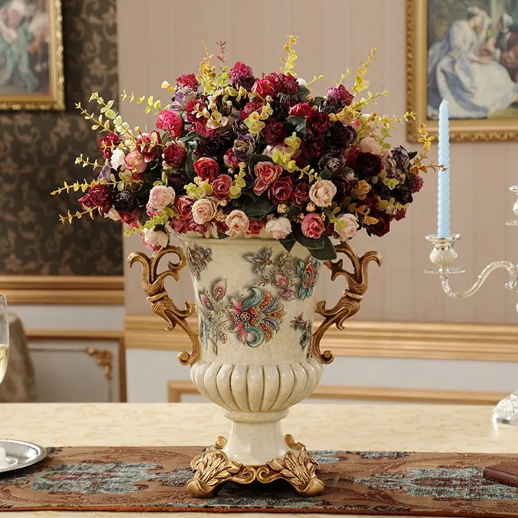 Оптовая продажа, украшения для дома, роскошный стол цвета слоновой кости, художественные стеклянные цветочные вазы с золотом