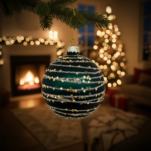 Boules de Noël en verre vert profond de 8 cm avec paillettes et motifs peints, forme ronde, à suspendre, <span class=keywords><strong>Bola</strong></span> de Navidad - Product Image 4