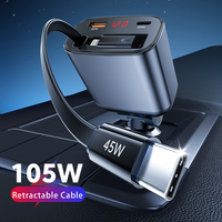 Chargeur de voiture rétractable en aluminium avec écran LED 105W, chargeur de voiture USB C 4 en 1 à charge rapide, adaptateur de voiture USB C à charge rapide PD