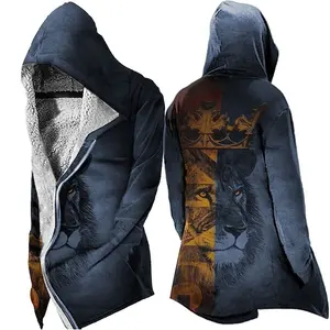 Custom Design Thick Warm Keep Men's Coat Gym Fitness Zipper Overcoat Lion Cross 3D Printed Hoodie Jacket Winter Basic Outfit