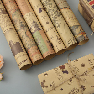 Papel de Regalo Decorativo Kraft con Diseño de Mapas del <span class=keywords><strong>Mundo</strong></span> Vintage, Torre Eiffel y Bicicleta, Plegado Plano - Product Image 4