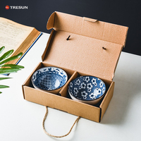 Ensemble de bols en céramique bleu et blanc de style japonais sculptés en gros pour mariage, mélange de nouilles et de riz, porcelaine, bols de 4,5 pouces
