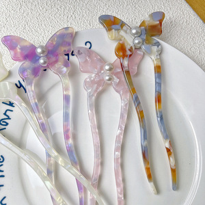 Qianjin新しいヘアアクセサリー2024春夏エレガントなカラフルなアセテートパールビーズバタフライヘアスティックフォークU字型ヘアピン - Product Image 2