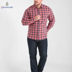 Giantextile 맞춤형 남성 셔츠 100% 코튼 헤링본 레드 체크 캐주얼 셔츠