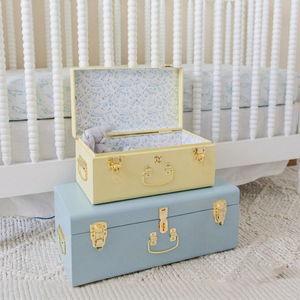 Personalized Modern Baby Keepsake <b>Trunk</b> Metal Memory <b>Box</b> Lockable Custom Name Embroidery Kids Toy <b>Storage</b> Chest Gold Hardware - Product Image 1