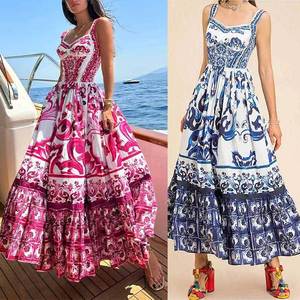 Vestiti bohémien stampa senza maniche estate vita alta da donna abbigliamento da festa <span class=keywords><strong>chic</strong></span> <span class=keywords><strong>boho</strong></span> eleganti Maxi abiti da donna all'ingrosso per spiaggia - Product Image 1