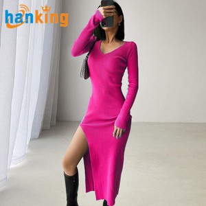 ชุดเดรสสเวตเตอร์ผ่าข้างแบบฝรั่งเศสเซ็กซี่สำหรับผู้หญิงชุดเดรสถักคลุมเข่ารัดรูปเข้ารูปฤดูใบไม้ผลิและฤดูหนาว - Product Image 6