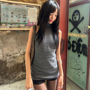 Débardeur en tricot sans manches à col montant pour femme, coupe ajustée, longueur taille, décontracté, mode estivale - Product Image 5