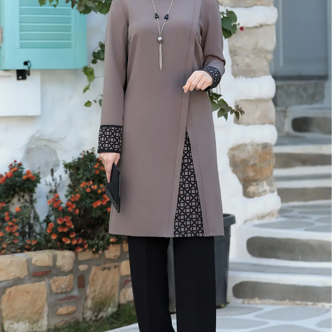 Yüksek kalite mütevazı müslüman kadınlar 2 parça Tops gömlek ve pantolon Dubai türkiye moda güz Abaya seti islam giyim