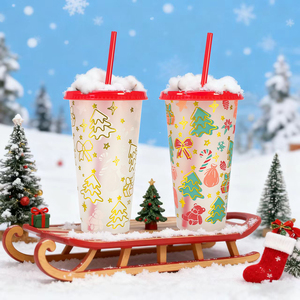 Estampado dorado 710ml 24oz Lindo vaso de plástico reutilizable de temperatura fría mágica Taza que cambia de color de Navidad con tapa y pajita - Product Image 1