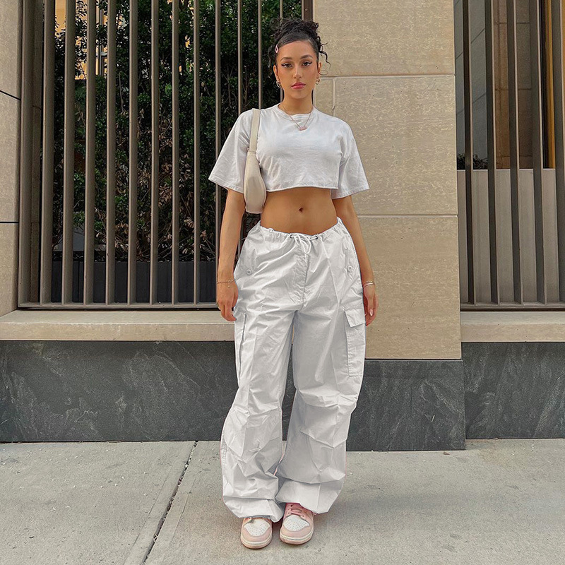 White cargo pants SHINYAKOZUKA似　y2k Women Y2K High Waisted Baggy Cargo Pants Casual Loose Wide