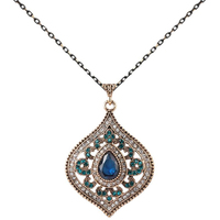 Collier pendentif goutte d'eau plaqué or antique, résine bleue turquoise, filigrane, cristal, 54 mm, bijoux vintage pour femme
