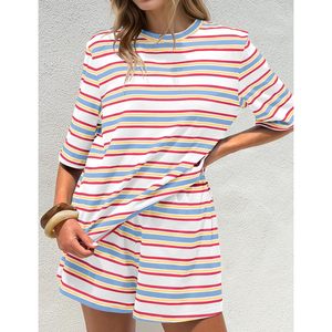 Striped 2 Piece Lounge <b>Set</b> For Women Summer Matching Short Sleeve T Shirt Elastic Waist Shorts Loose <b>Pajamas</b> <b>Set</b> - Product Image 2