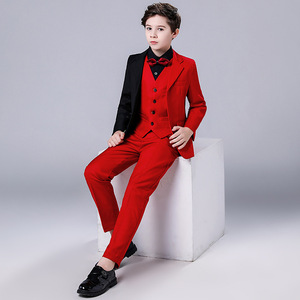 Rojo Negro Contraste Color Hombres Cena Tails Niños Formal <span class=keywords><strong>Tuxido</strong></span> Vestido Trajes Niños Navidad Blazer Set Niños Ropa de boda - Product Image 4