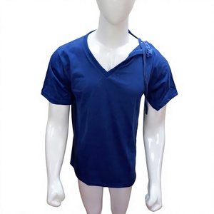 Chemises décontractées unisexe à manches courtes en jersey 100 % coton bleu uni 220g avec accès latéral gauche pour la rééducation post-chirurgicale et boutons-pression - Product Image 1