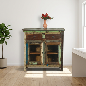 Buffets de rangement vintage en bois récupéré avec 2 tiroirs et une porte vitrée, meubles artisanaux indiens - Product Image 5