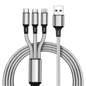 Cable USB de carga rápida trenzado 3 en 1 tipo C 1,2 M Cable multicargador