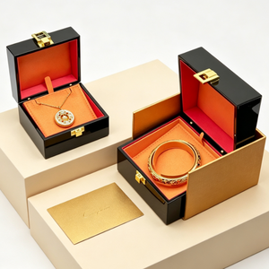 Boîte à bijoux élégante en bois avec serrure métallique, étui de rangement avec doublure rouge-orange pour collier en or, bracelet, bijoux, emballage cadeau - Product Image 4