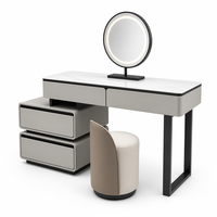 Table de toilette moderne pliable pour chambre et salon avec miroir LED, armoire latérale à 4 tiroirs, plateau en bois massif, écologique et sans poignée